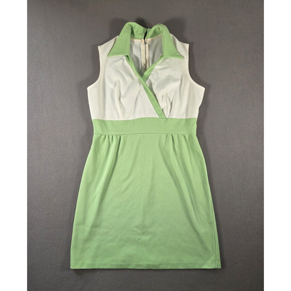 Vintage Mini Dress Womens Medium White Green 60s Mod Collared Sleeveless Wrap